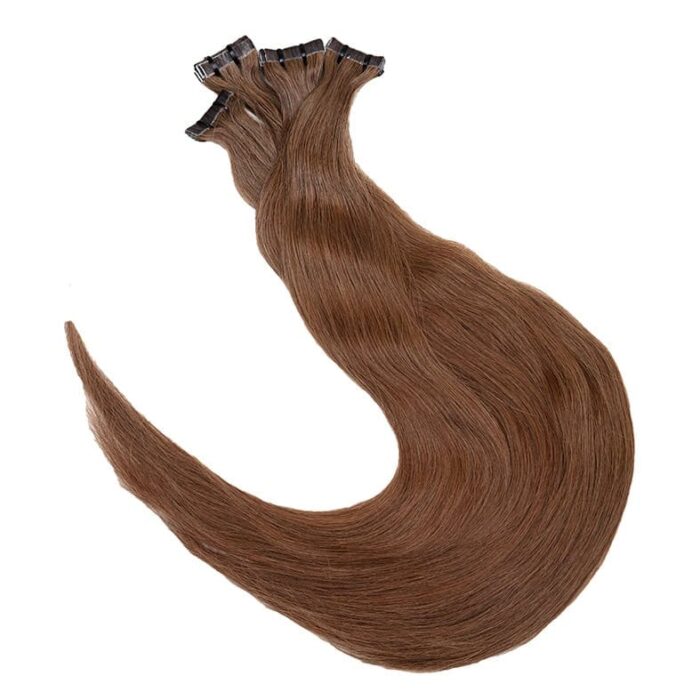 Tape extensions dark ash äkta remy hår löshår med tejp i kall mörkblond nyans för naturlig färgmatchning