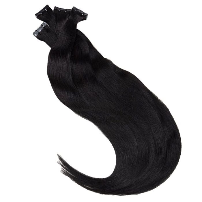 Tejp löshår svart äkta remy hår, tape extensions i svart nyans för naturlig volym och längd